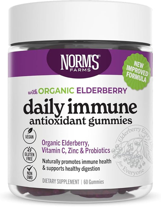 Norm's Farms Organic Elderberry Gummies - Daily Immune Support for Adults & Kids with Zinc, DE111 Probiotic, Vitamin C - Made in USA, 3rd Party Tested - Vegan, Gluten-Free, Kosher, Non-GMO, 60 Gummies
