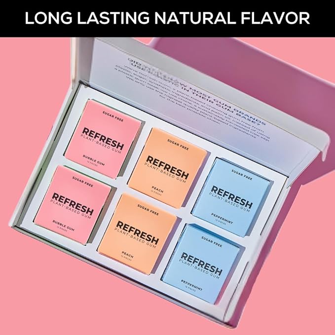 Refresh Gum, Xylitol, Sugar Free, Natural, Aspartame Free Chewing Gum, Natural Flavors & Organic Ingredients, Plant-Based, Non GMO, Gluten Free, Vegan, Peppermint, Bubble Gum & Peach, 12 Pcs, 6 Pack