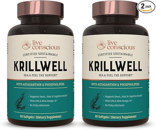 Live Conscious KrillWell, Joint, and Cognitive Support | Certified Sustainable Krill Oil 2X More Effective Than Fish Oil - (Pack of 2)