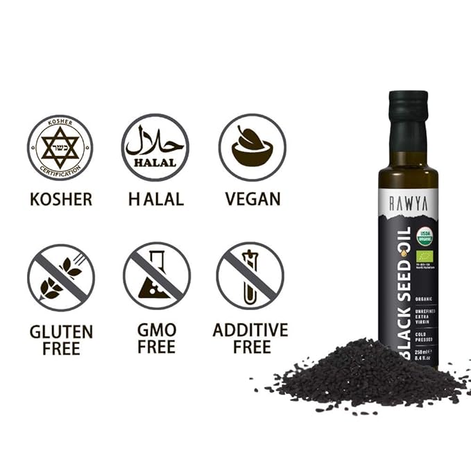 RAWYA Black Seed Oil - Organic Cold Pressed Nigella Sativa - Turkish Origin - USDA Organic - Natural Supplement - Black Cumin Seed Oil - Rich Flavor & High Concentration - 250ml Glass Bottle - 2 Pack