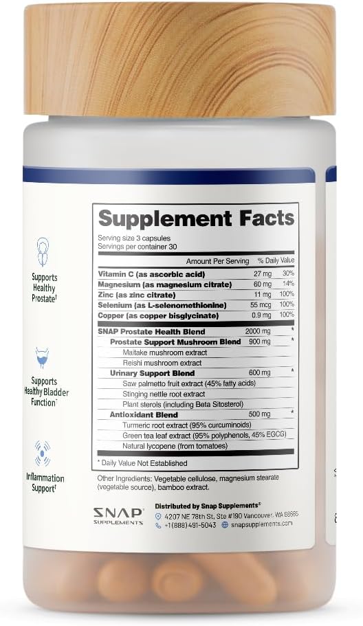 Snap Supplements Prostate Health Support Supplement, Saw Palmetto for Men Plus Stinging Nettle Root, Magnesium Citrate, Zinc and Plant Sterols, Supports Male Urinary Tract Health, 90 Capsules