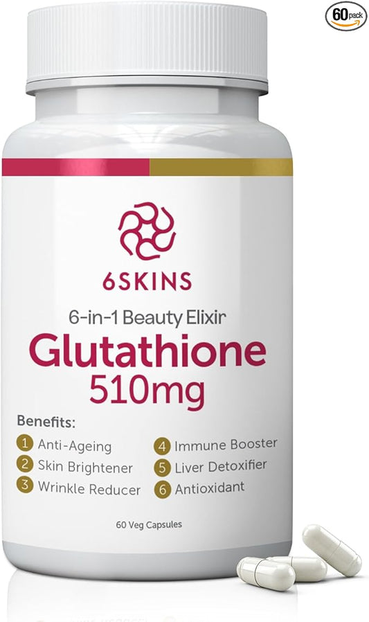 6SKINS®6in1 Beauty Elixir with Liposomal Glutathione 510mg | Glutathione Supplement 4X Better Absorption - Immune Support, Liver Detox, Powerful Antioxidant for Healthier Skin - 60 Capsules