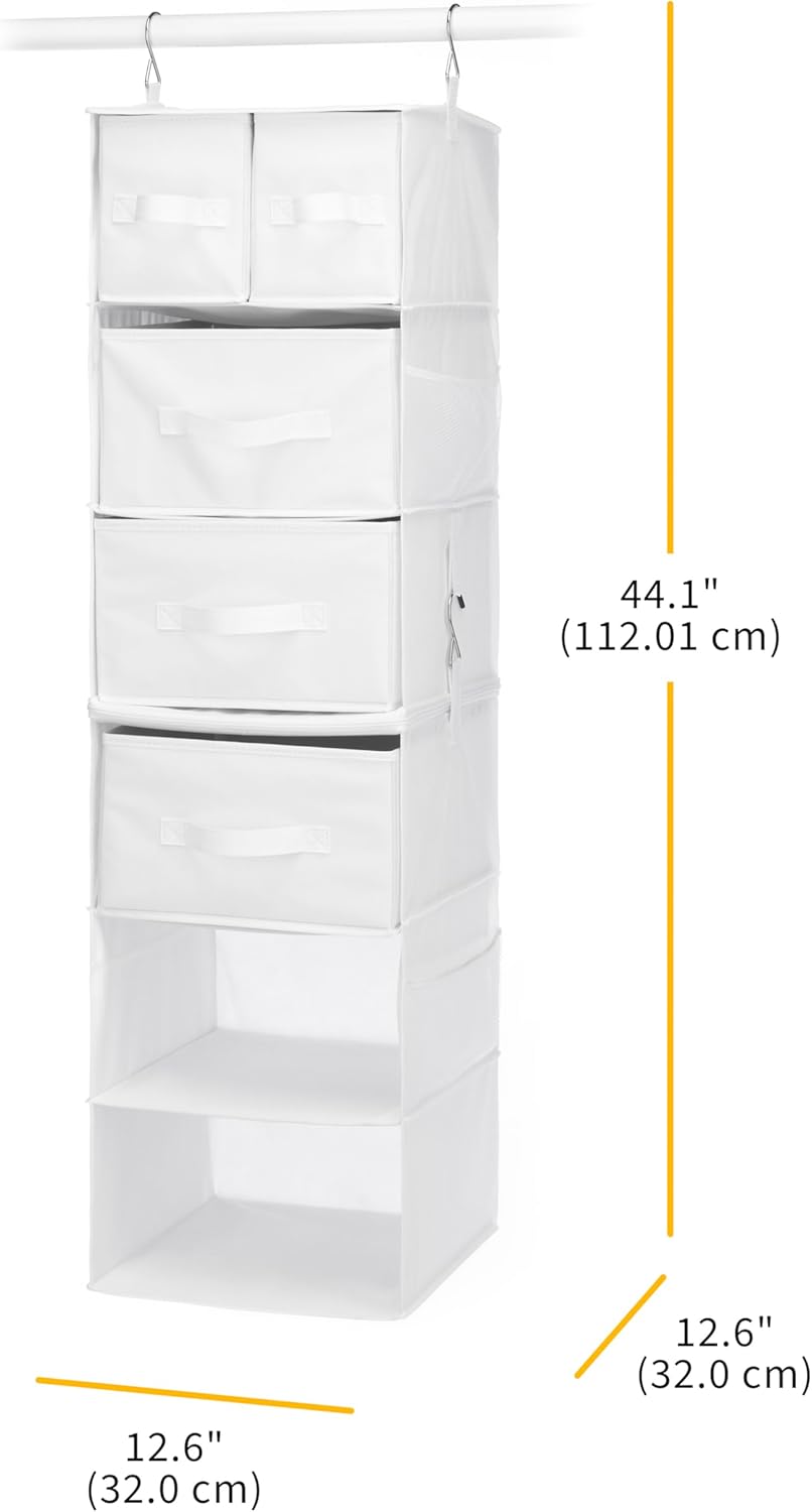 Whitmor Multi-Functional Hanging Organizer with Drawer Inserts- 5 Section - Closet Organizer - White