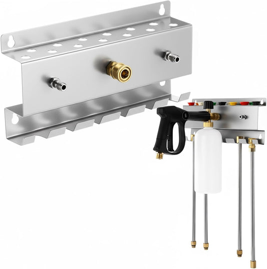 Pressure Washer Gun Holder, Wall Mount Foam Cannon Holder, Car Wash Accessories Organizer for Wand/Nozzle Tips, 1/4'' Pressure Washer Accessories Storage Rack (Silver)