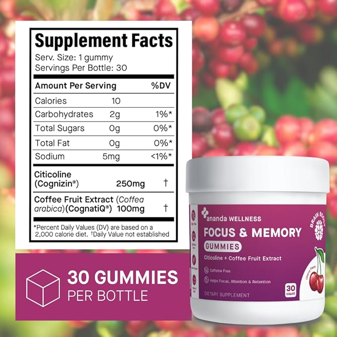 Ananda Wellness Focus & Memory Gummies with Citicoline and Coffee Fruit Extract, Sugar Free Brain Health Supplement, No Artificial Colors, Flavors or Preservatives - 30 Count