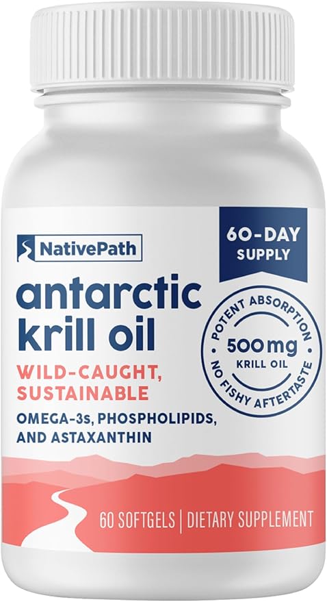 NativePath Antarctic Krill Oil - Wild-Caught Omega 3 Krill Oil 500mg Softgels with EPA, DHA and Astaxanthin - Supplement for Joint, Heart, Brain and Immunity - 60 ct - No Fishy Aftertaste