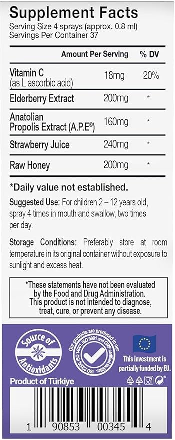 Bee and You, Kids Immune Support Supplement Throat Spray, Elderberry, Raw Honey, Propolis Extract, Vitamin C, Strawberry Juice, Antioxidants, Sore Throat Relief, 1 fl. Oz