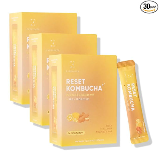 EVERYDAZE Reset Kombucha Tea Powdered Beverage Mix | 30 Pack (3 x 10ct) | Prebiotics + Probiotics | Vegan | No Added Sugar, Low Calorie, Gluten-Free, Sparkling Powder Drink (Lemon Ginger)