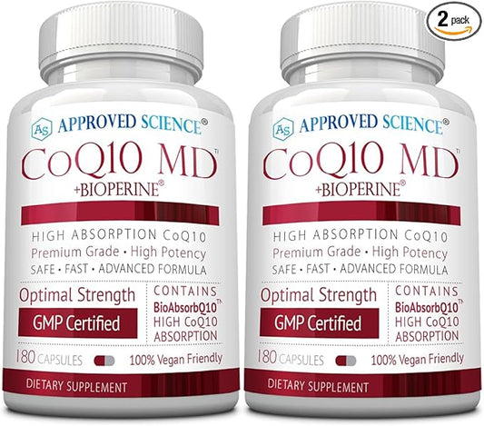 Approved Science® CoQ10 MD - Extra Strength 300mg Pure CoQ10 with BioPerine® for Faster Absorption - Optimal Support - 6 Month Supply