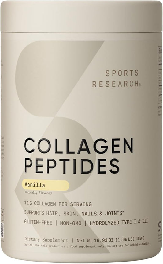 Sports Research Collagen Peptides - Hydrolyzed Type 1 & 3 Collagen Powder Protein Supplement for Healthy Skin, Nails, & Joints - Easy Mixing Vital Nutrients & Proteins, Collagen for Women & Men