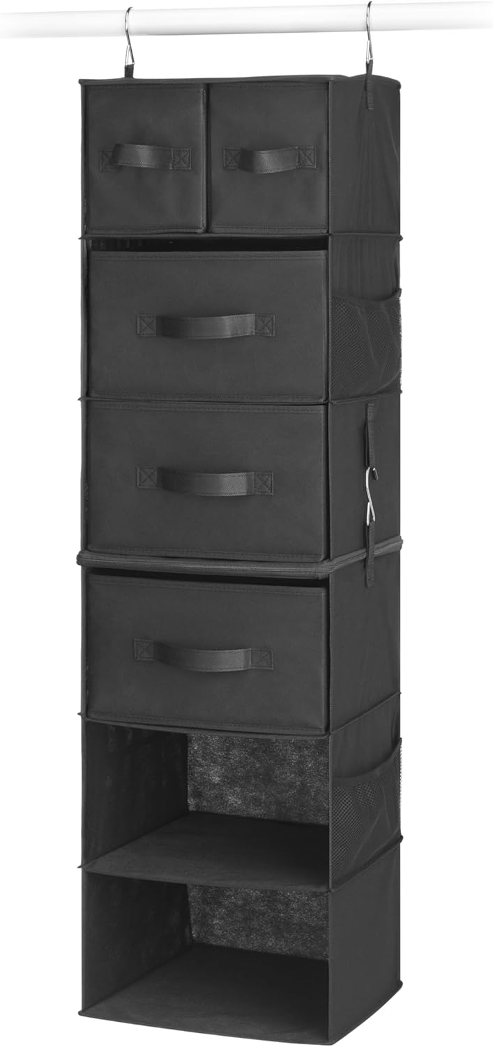Whitmor Multi-Functional Hanging Organizer with Drawer Inserts- 5 Section - Closet Organizer - Black