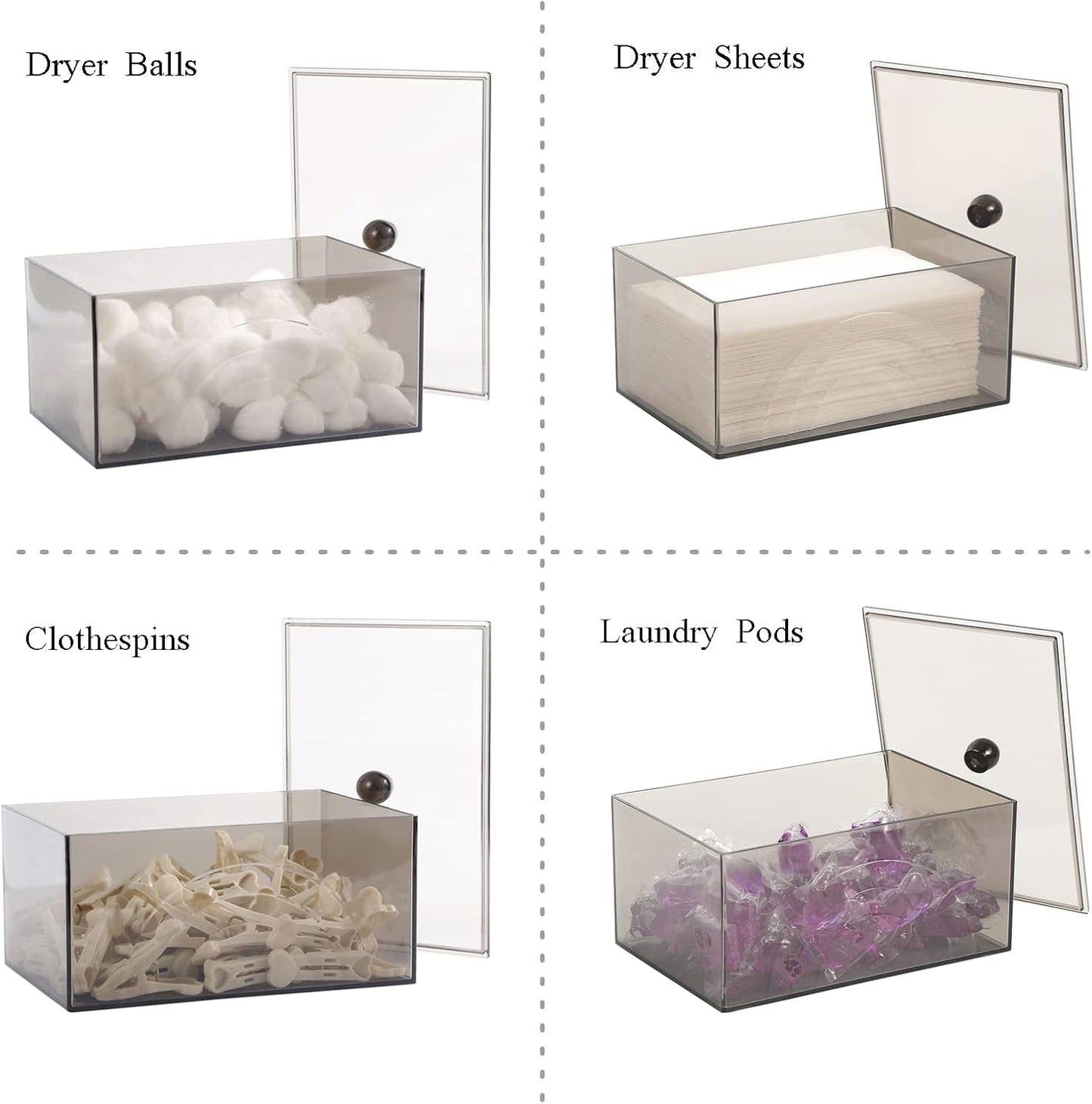 zoocatia Laundry Dryer Sheet Holder Clear Detergent Pods Container Dryer Balls Dispenser with Lid, Acrylic Plastic Storage Box for Laundry Room, Grey