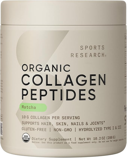 Sports Research Premium Collagen Peptides Powder and Organic Matcha Green Tea - Collagen Powder Protein Supplement with Japanese Matcha and Amino Acids - Gluten Free, Non-GMO, Sugar Free