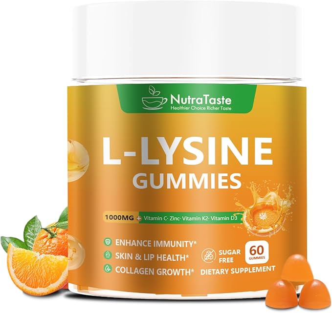 L-lysine Gummies 1000mg, Chewable Lysine Supplement with Vitamin C, D3, K2 & Zinc, Enhance Immunity, Lips & Skin Health, Collagen Growth, Sugar-Free, Gluten-Free, 60 Count (Pack of 1)