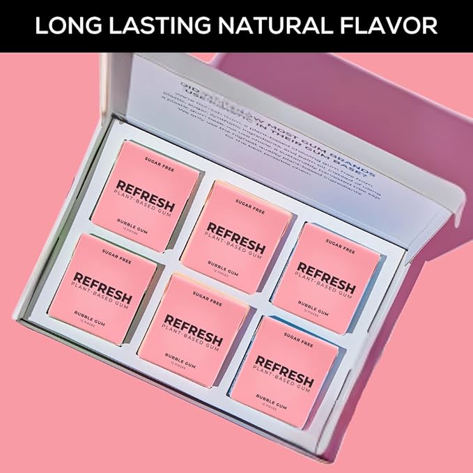Refresh Gum, Xylitol, Sugar Free, Natural, Aspartame Free, Natural Flavors & Organic Ingredients, Plant-Based, Plastic Free, Non GMO, Gluten Free, Vegan, Bubble Gum Flavor, 12 Pcs, 12 Pack
