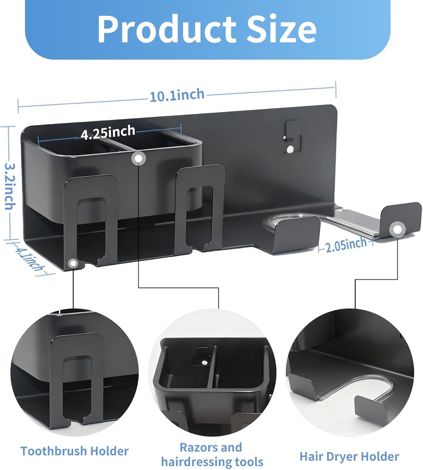 Hair Dryer Holder Wall Mounted Adhesive/Drilling,Hair Dryer Storage Organizer with 2 Toothbrush Holders,2 Toothbrush Cups,2 Storage Boxes for Bathroom,Blow Dryer Holder,Hair Tool Organizer,Dark Gray