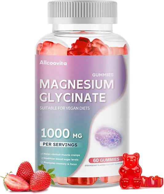 Magnesium Glycinate Gummies 1000mg - Sugar Free Magnesium Potassium Supplement with Vitamin D, B6, CoQ10 for Calm Mood & Sleep Support - 60 Strawberry Gummies -1 Pack