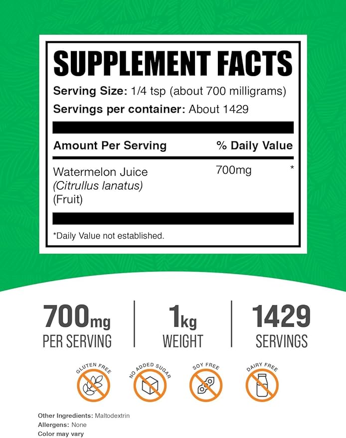 BulkSupplements.com Watermelon Juice Powder - from Watermelon Fruit, Fruit Powder, Hydation Supplement - 700mg per Serving, 1kg (2.2 lbs) (Pack of 1)