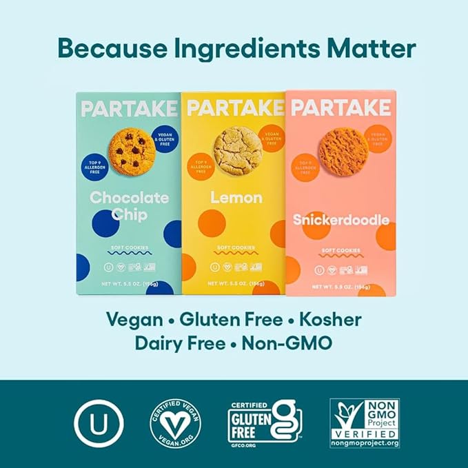 Partake Gluten Free Soft Baked Cookies Variety Pack (Chocolate Chip, Snickerdoodle, Lemon) - Vegan - Free From the Top 9 Allergens Including Dairy, Wheat, Soy, Eggs, & Peanuts - Non GMO - Safe School & Office Snack (3 Pack, 5.5oz Boxes)
