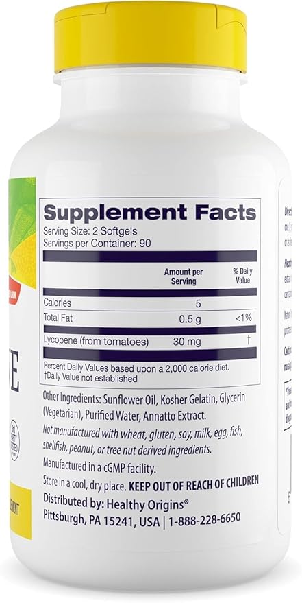 Healthy Origins Lycopene 15 mg (Natural, Non-GMO, Gluten Free, Skin Support, Prostate Support), 180 Softgels
