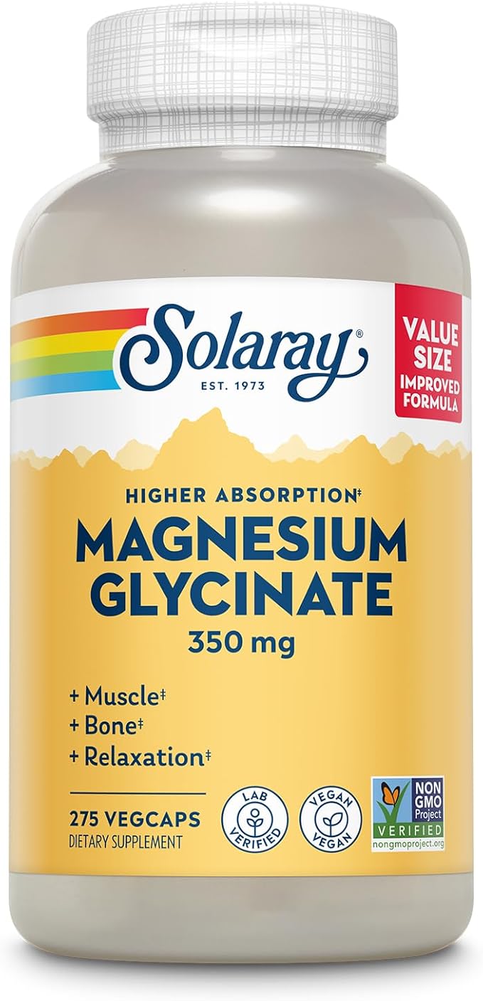 SOLARAY Magnesium Glycinate Capsules, Chelated Magnesium Bisglycinate w/BioPerine, Higher Absorption Magnesium Supplement - Bones, Muscles, Heart Support, Vegan, 68 Servings, 275 VegCaps