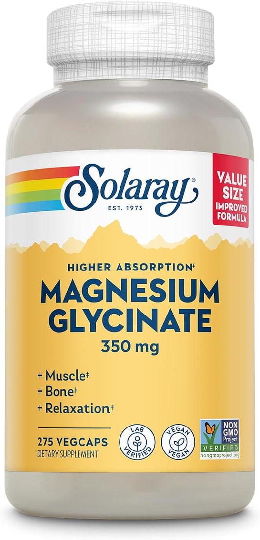 SOLARAY Magnesium Glycinate Capsules, Chelated Magnesium Bisglycinate w/BioPerine, Higher Absorption Magnesium Supplement - Bones, Muscles, Heart Support, Vegan, 68 Servings, 275 VegCaps