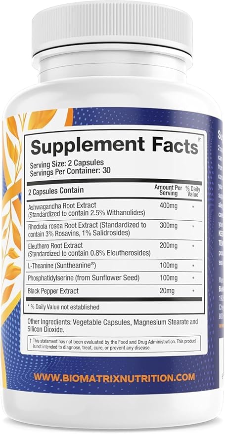 BioMatrix Adaptogen Supplement w/Ashwagandha, L-Theanine, Rhodiola, Ginseng | Cortisol Support, Stress Relief, Focus, Mood | 60 Capsules