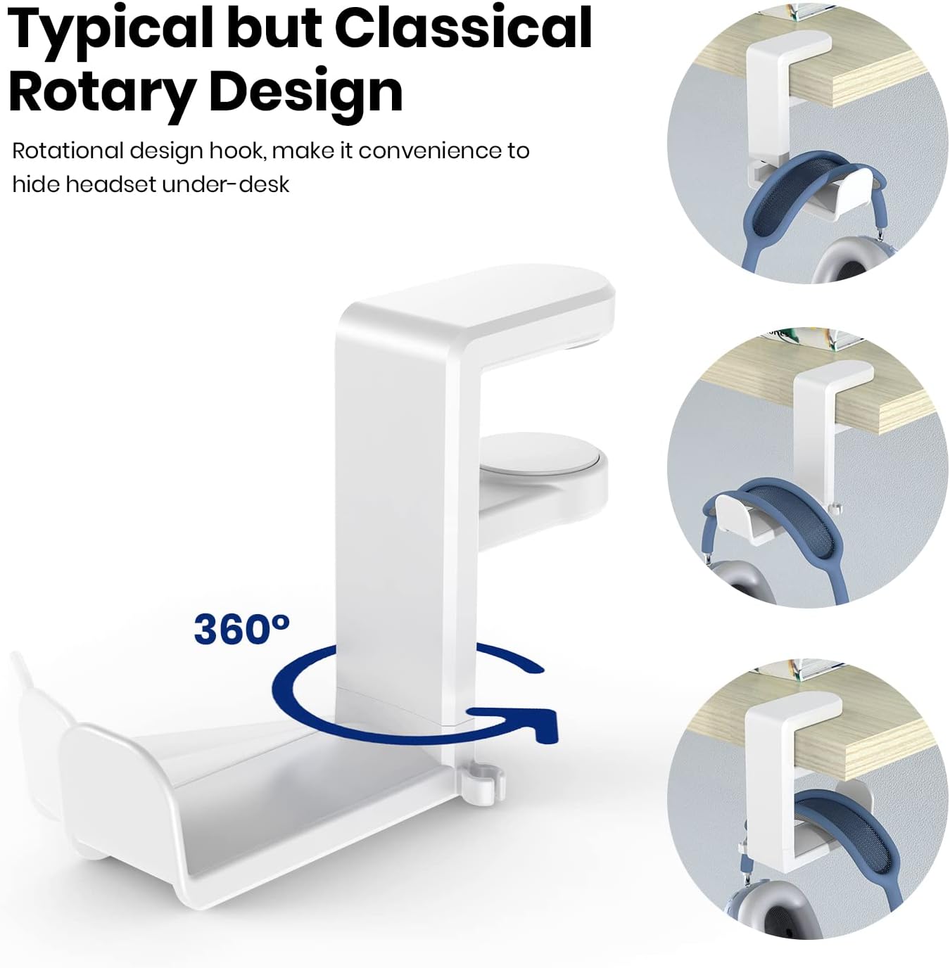 EURPMASK PC Gaming Headset Stand - Adjustable Clamp-on Headphone Holder, 360 Degree Swivel & Cable Clip Organizer - White