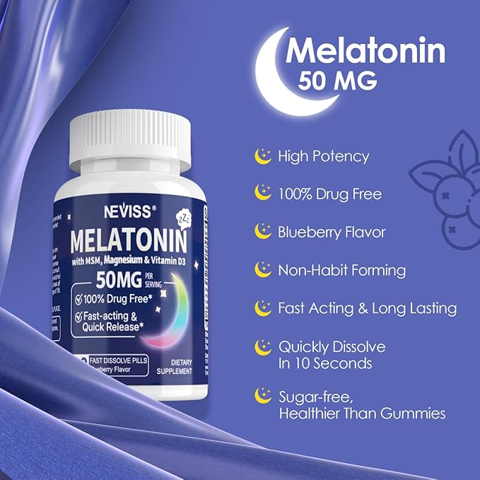 Melatonin 50 mg for Adults - Extra Strength 9-in-1 Fast Dissolve Sublingual - w/Vitamin D3 & MSM, Relaxing Herbal Blend-Ashwagandha, Lemon Balm, Passionflower,Chamomile,Sugar Free, Vegan 60 Servings