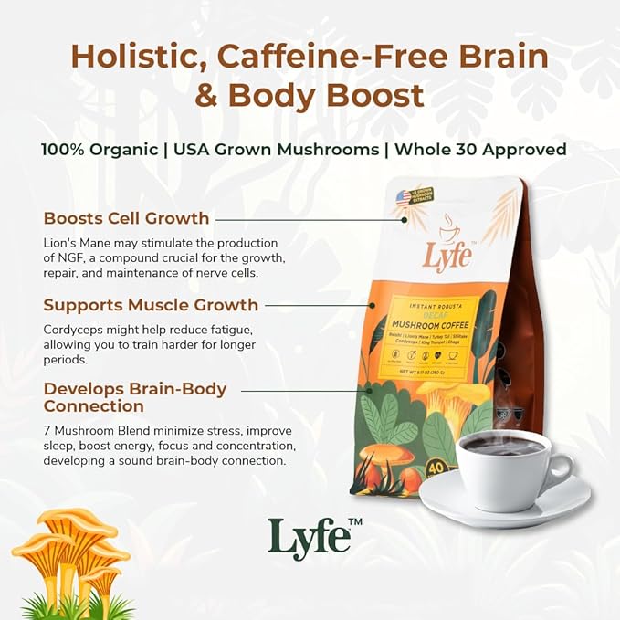 LYFE Organic Instant Decaf Mushroom Coffee – Lion’s Mane, Chaga, Cordyceps, Turkey Tail | USA Grown Adaptogenic Mushrooms for Better Energy, Focus, Gut Health, Immunity – 40 Servings