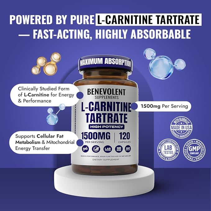 Benevolent L Carnitine Supplement - High Potency 1500mg L-Carnitine Tartrate - Fast Absorbing, Convert Fat to Energy, Support Lean Muscle, Boost Workout Performance & Metabolism – 120 Vegan Capsules