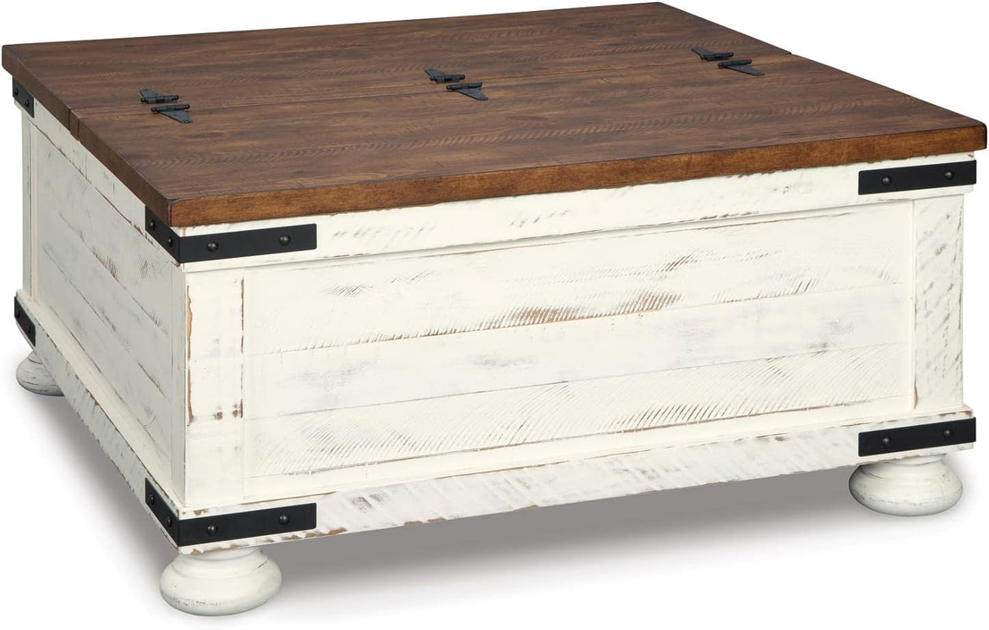 Signature Design by Ashley Wystfield Farmhouse Coffee Table with Storage, Hinged Lift Top, Wood, 36" W x 36" D x 18" H, Distressed White