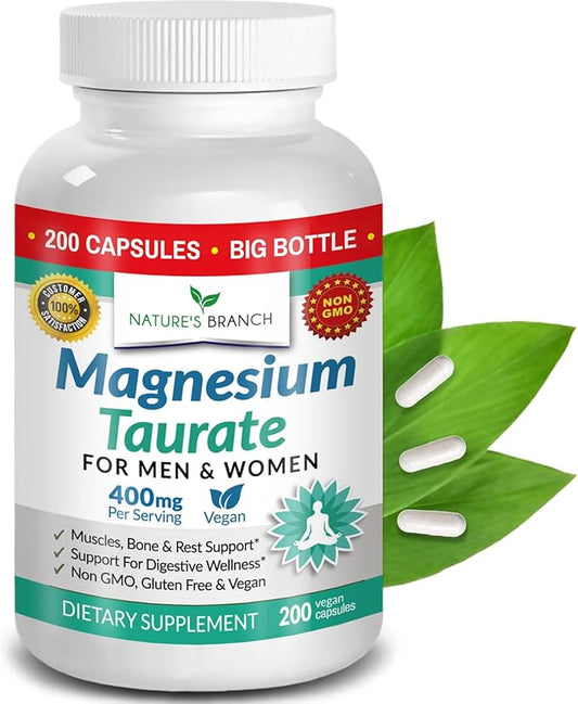 Magnesium Taurate 400mg - 200 Capsules - High Absorption for Sleep, Heart Health, Calm, Joint Supplement for Women and Men - Made in USA, Pure Elemental Mag Powder Plus Taurine - Extra Strength Pills