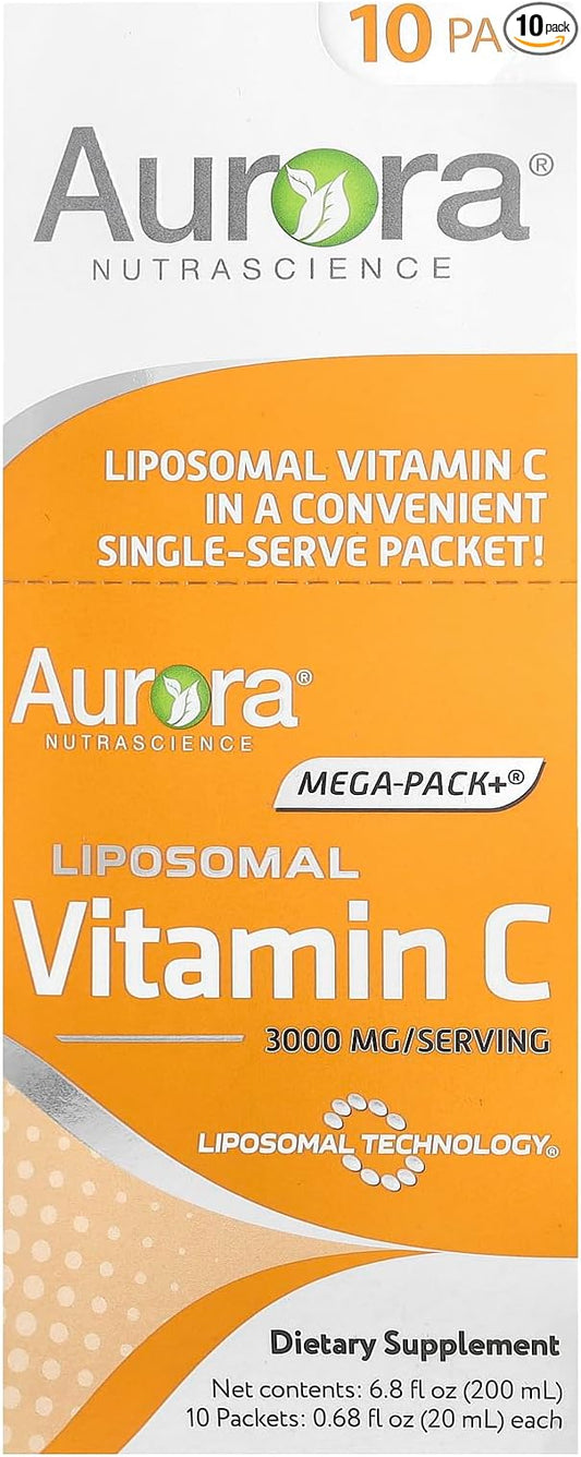 Aurora Nutrascience Mega-Pack Liposomal Vitamin C, Immune Support, 3,000 mg Per Serving, Vegan, Gluten Free, Non-GMO, 10 Single Serve Packets, Orange