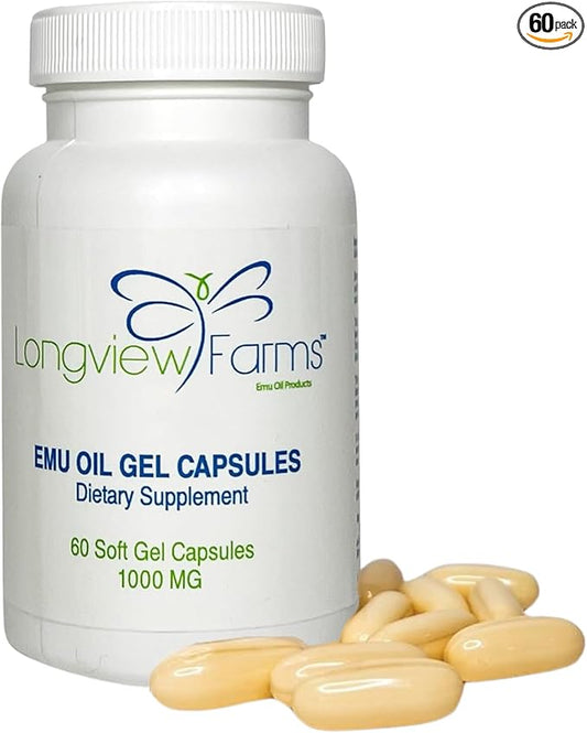 Longview Farms® Emu Oil Gel Capsules | 100% Pure Emu Oil for Skin Health, Mobility, and General Wellness | Natural Omega 3, 6, 9, and Essential Vitamins | 60 Capsules
