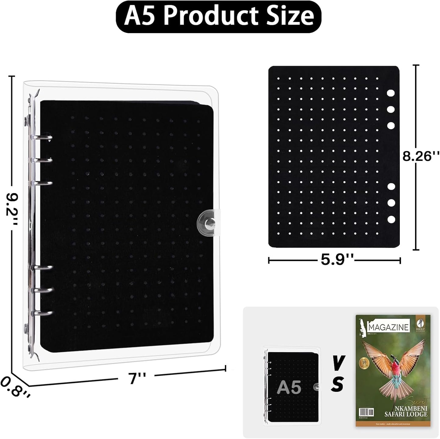 5 Pages A5 Enamel Pin Display Book, Pins Collection Storage Organizer Book,Clear PVC Cover, Portable Travel Pin Display Book for Brooch Collectors (Not Include Accessories).Black