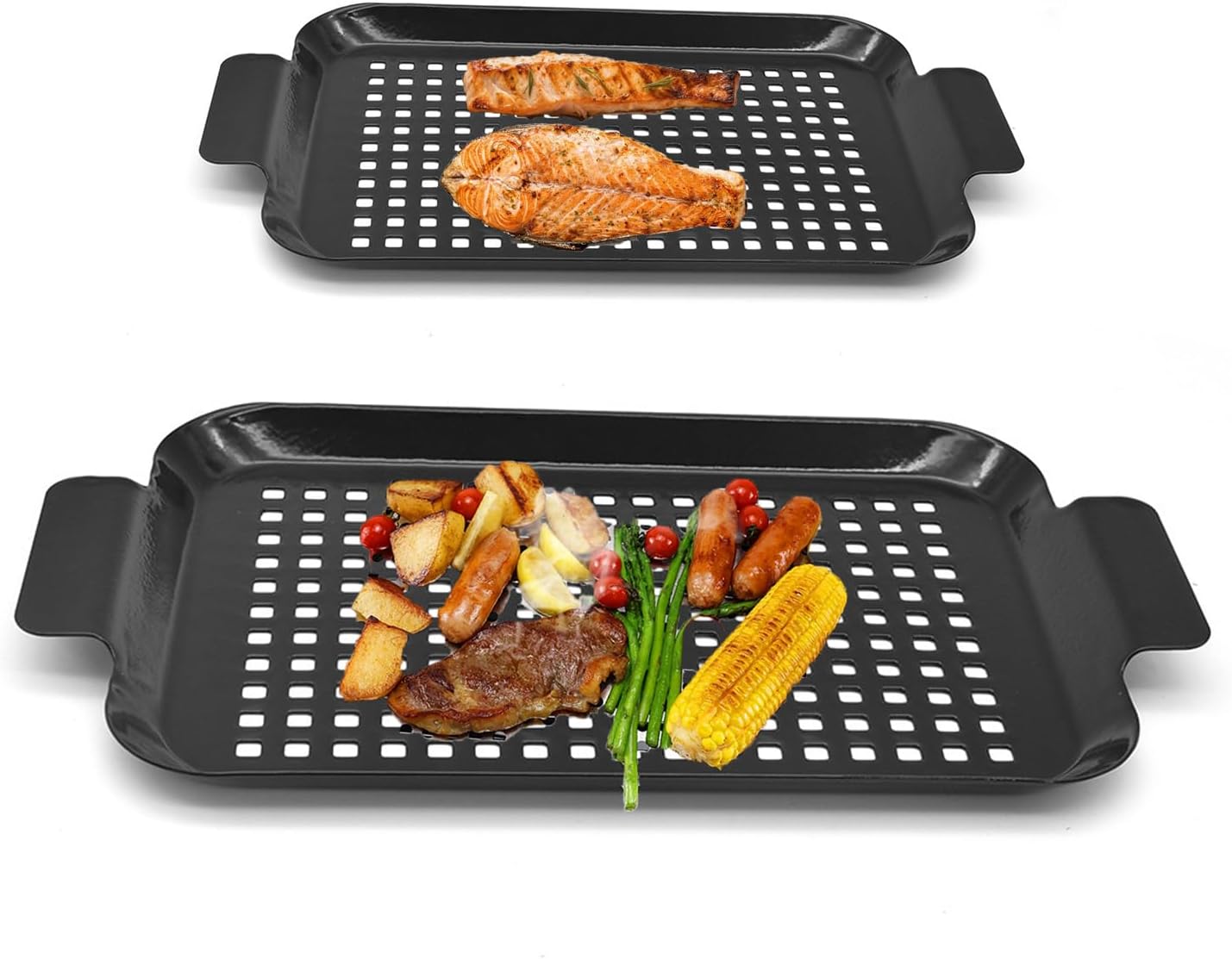 Grill Topper Non-Stick Stainless Steel BBQ Tray with Holes Outdoor Grilling Pans for Meat Vegetables Set of 2 (16.5" x10" and 13"x7.4") (Black)