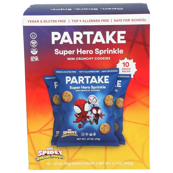 Partake Gluten Free Super Hero Spidey & Friends Sprinkle Cookies - Vegan - Free From the Top 9 Allergens Including Dairy, Wheat, Soy, Eggs, & Peanuts - Non GMO - Safe School & Office Snack (10 Packs, 0.67 oz)