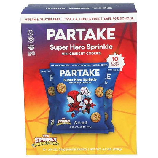 Partake Gluten Free Super Hero Spidey & Friends Sprinkle Cookies - Vegan - Free From the Top 9 Allergens Including Dairy, Wheat, Soy, Eggs, & Peanuts - Non GMO - Safe School & Office Snack (10 Packs, 0.67 oz)