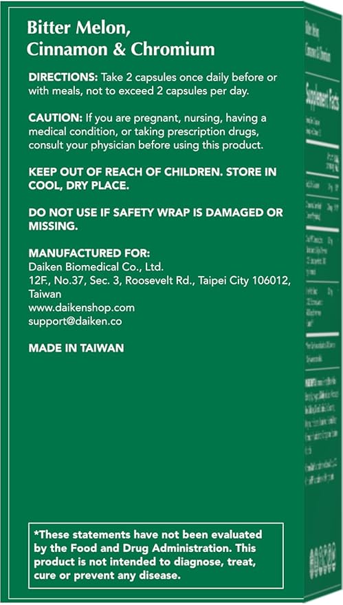 DAIKEN Bitter Melon, Cinnamon & Chromium, 90,000 mg Equivalent Per Serving Extra Strength, 100% Vegetarian Bitter Melon Capsules with Cinnamon Chromium & Zinc, 60 Capsules (Pack of 2)