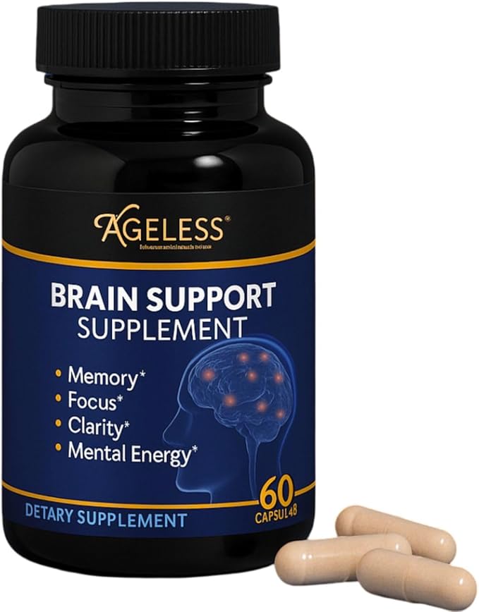 Ageless Brain Supplements for Memory and Focus & Cognitive Improvement | Nootropic Brain Supplement for Men & Women | Support Mental Clarity & Neuro Health | Including Vitamin B6, B12, 60 Capsules
