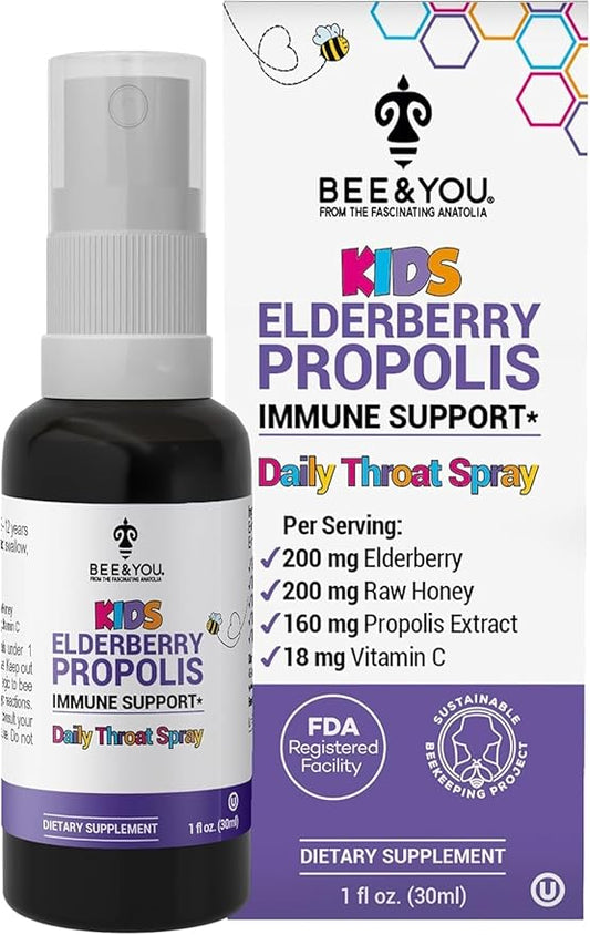 Bee and You, Kids Immune Support Supplement Throat Spray, Elderberry, Raw Honey, Propolis Extract, Vitamin C, Strawberry Juice, Antioxidants, Sore Throat Relief, 1 fl. Oz