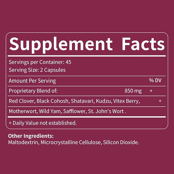 Red Clover Herb Extract Capsules for Women, Menopause Relief Supplements with Black Cohosh Wild Yam Natural Extract. 90 Count