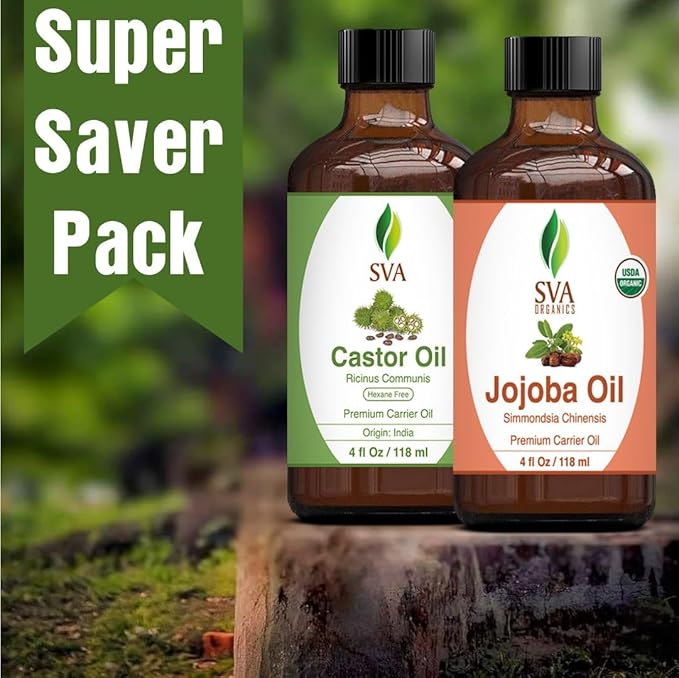 SVA Castor Oil 4oz & Jojoba Oil 4oz Bundle Super Saver Combo – Premium Grade Bundle Set for Hair Oiling, Scalp Massage, Hair Care, Face, Skin Care and Body Massage