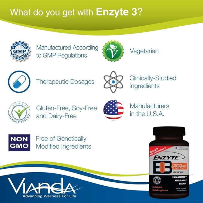 Enzyte3® Natural Male Enhancement Supplement for Energy and Endurance - L-Citrulline, Epimedium, Guarana Seed Extract, & Horny Goat Weed and More 30 Day Supply - 6 Pack Bundle