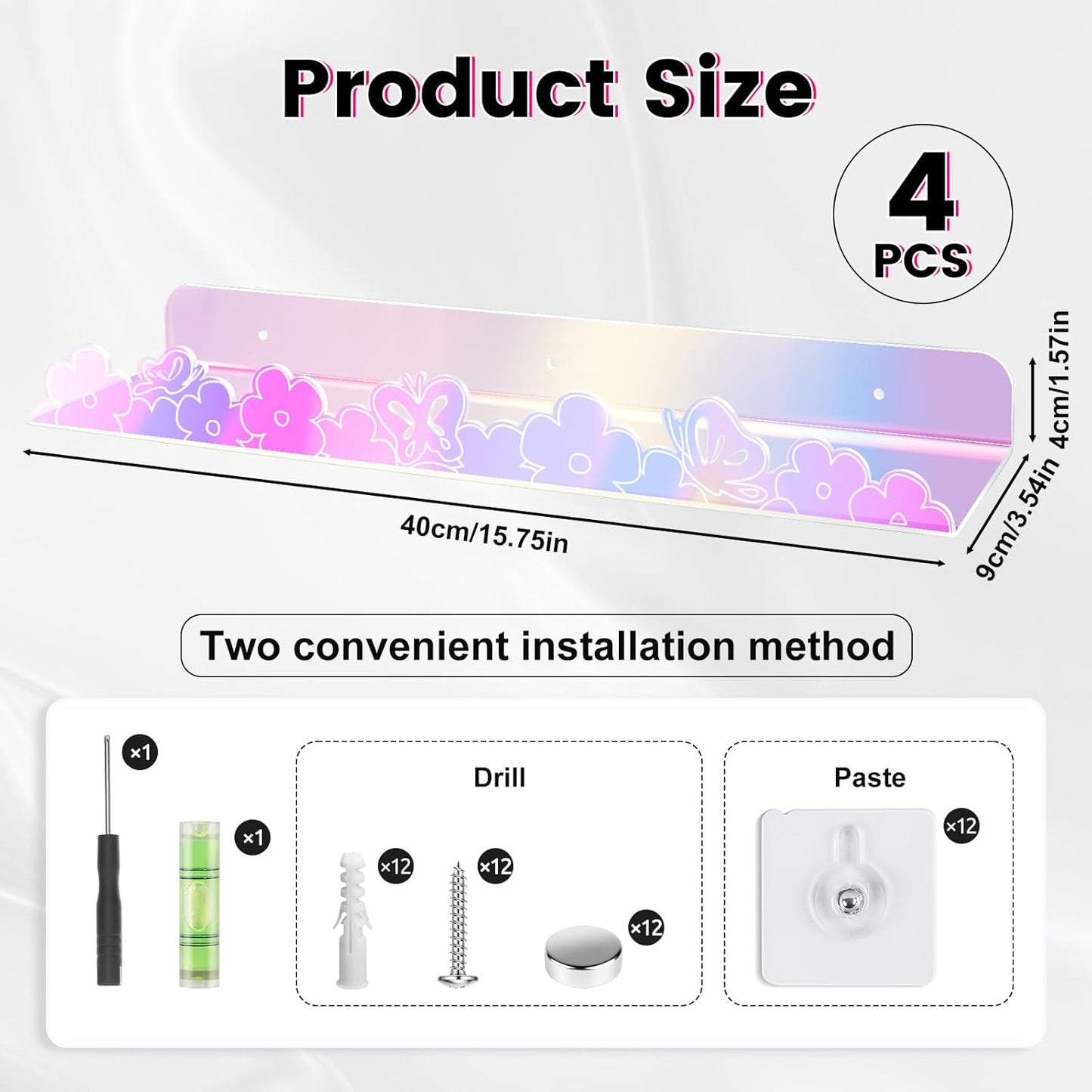 Floating Shelves for Wall,4 Pack 15.7’’x 3.5’’Adhesive Acrylic Shelves Organizer for Book Toy Photo Makeup,Wall-Mounted Kids Storage for Bathroom,Bedroom,Nursery,Iridescent Butterfly