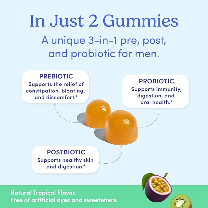 FIRST DAY 3 in 1 Probiotics for Men - Prebiotic, Probiotic & Postbiotic Supplement – Mens Probiotic for Digestive Health, Oral Health, Immune Function, Energy, Gut Health for Men – 30-Day Supply