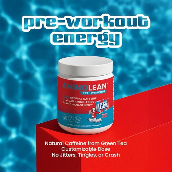 AminoLean x ICEE Pre Workout Powder, Amino Energy with Natural Caffeine from Green Tea, Vegan BCAA Amino Acids, Cherry, 30 Servings