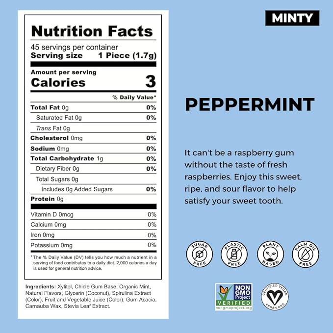 Refresh Gum, Xylitol, Natural, Sugar Free, Aspartame Free, Plastic Free, Natural Flavors & Organic Ingredients, Plant-Based, Low Calorie, Non GMO, Gluten Free, Vegan, Peppermint, 12 Pcs, 12 Pck