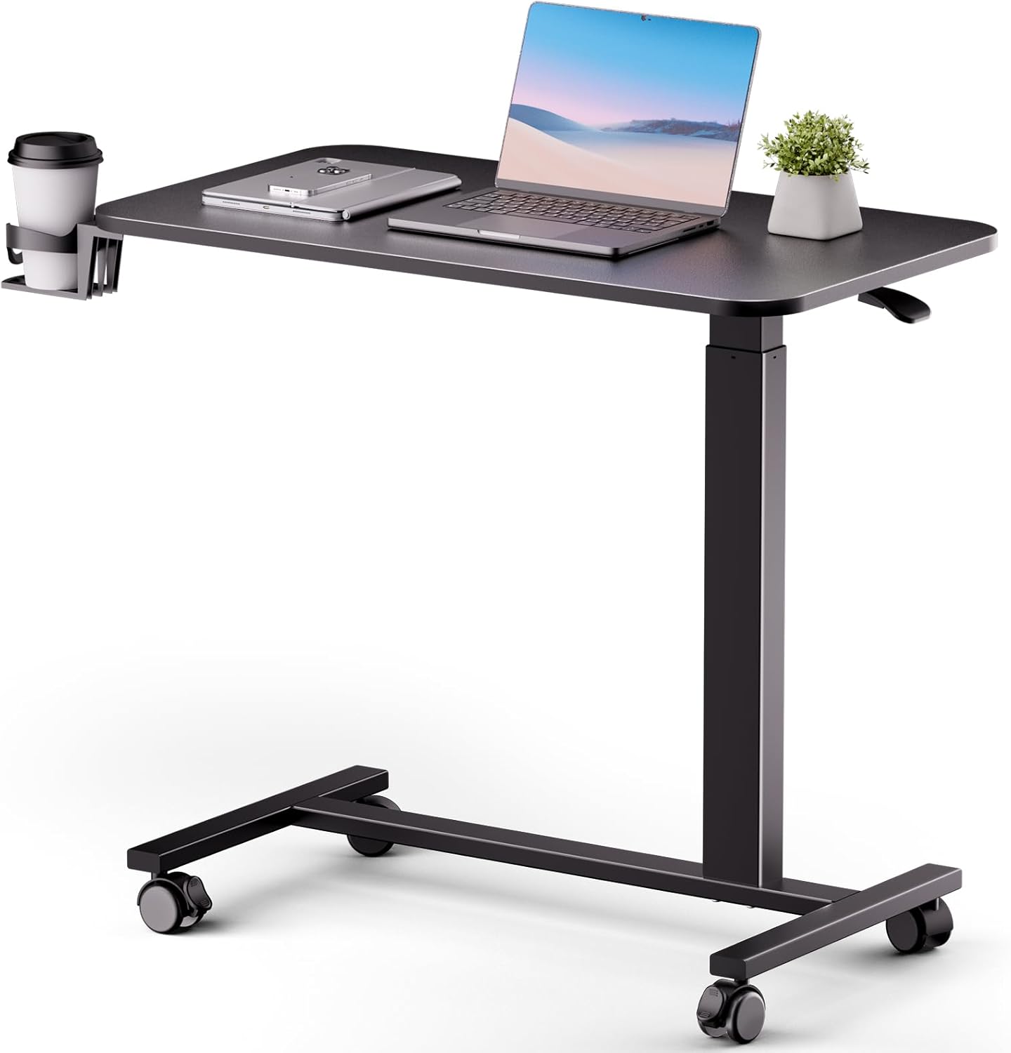 COMHOMA Adjustable Overbed Bedside Table with Lockable Wheels, Pneumatic Mobile Standing Laptop Desk, Small Standing Desk Portable Rolling Overbed Table Hospital Home Use(32" W x 18" D, Black)